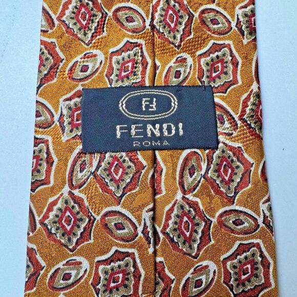 Vintage Fendi Roma Tie Silk Mustard Brown Geometric Medallion Print Handmade - Picture 4 of 12